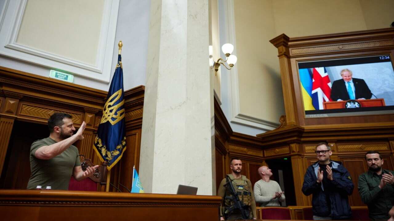 Britain's prime minister, Boris Johnson, has become the first western leader to address Ukraine's parliament since Russia invaded.