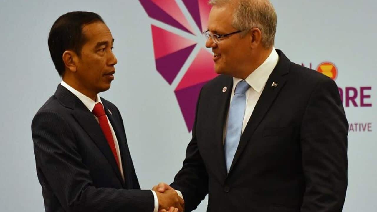 Scott Morrison and Joko Widodo shake hands