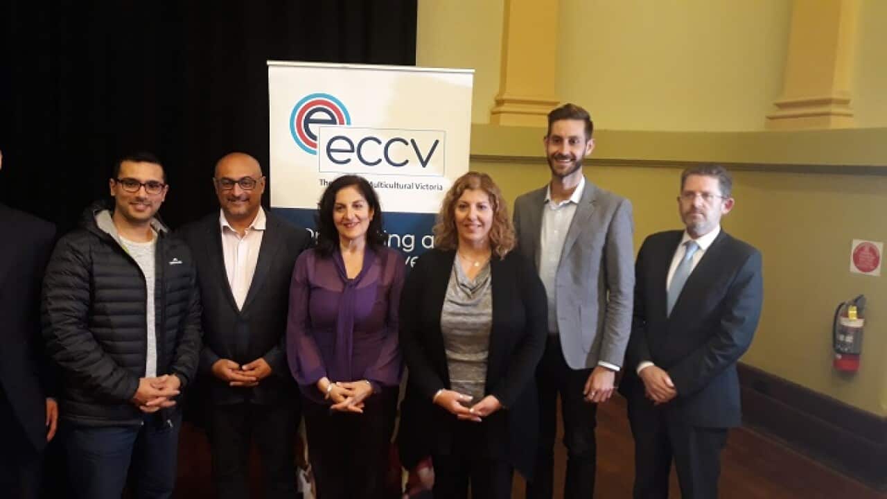 Second from left Labor MP Peter Khalil, ECCV's Kris Pavlides, "Pronia" Tina Douvos, Greens' Adam Pulford, and LNP Senator Scott Ryan.
