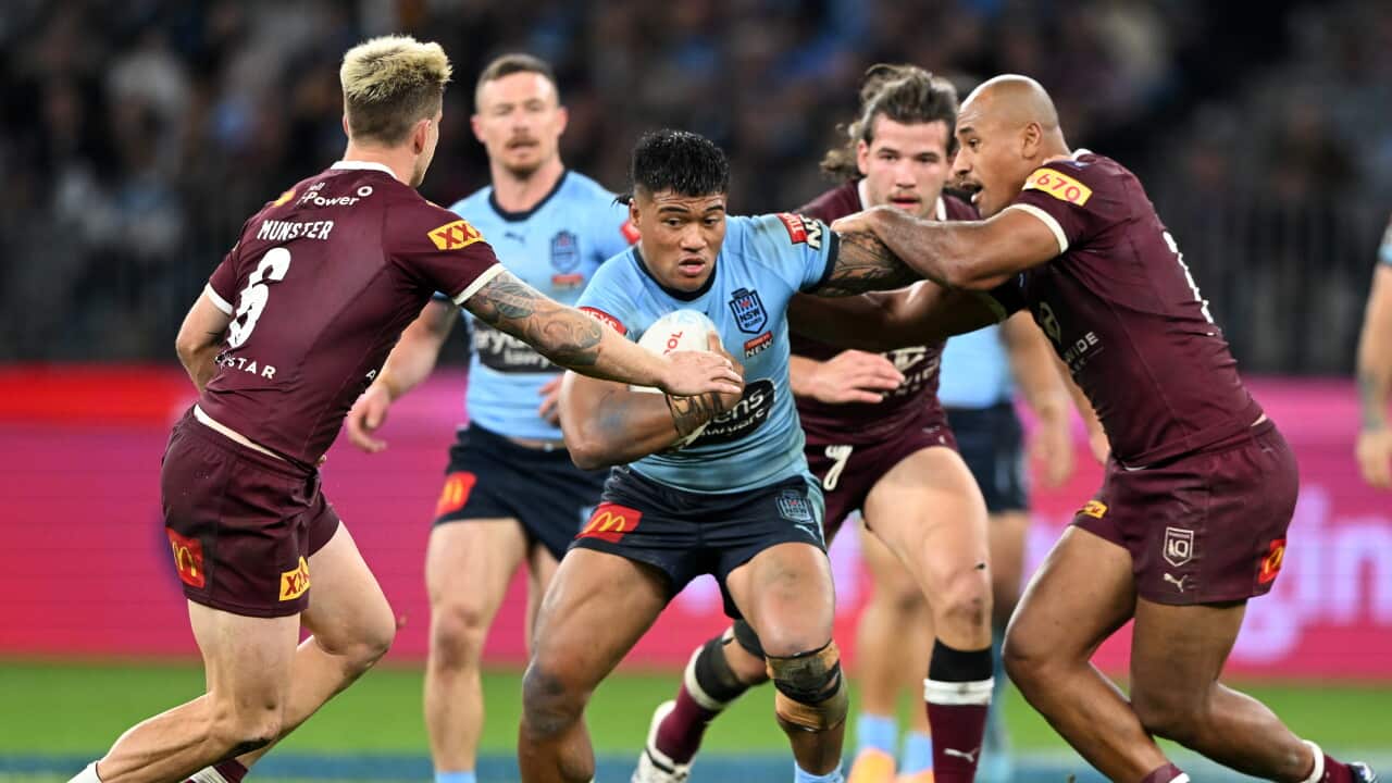 Brian To’o of the Blues during Game 2 of the 2022 State of Origin series between the New South Wales Blues and the Queensland Maroons at Optus Stadium in Perth, Sunday, June 26, 2022. (AAP Image/Dave Hunt) NO ARCHIVING, EDITORIAL USE ONLY