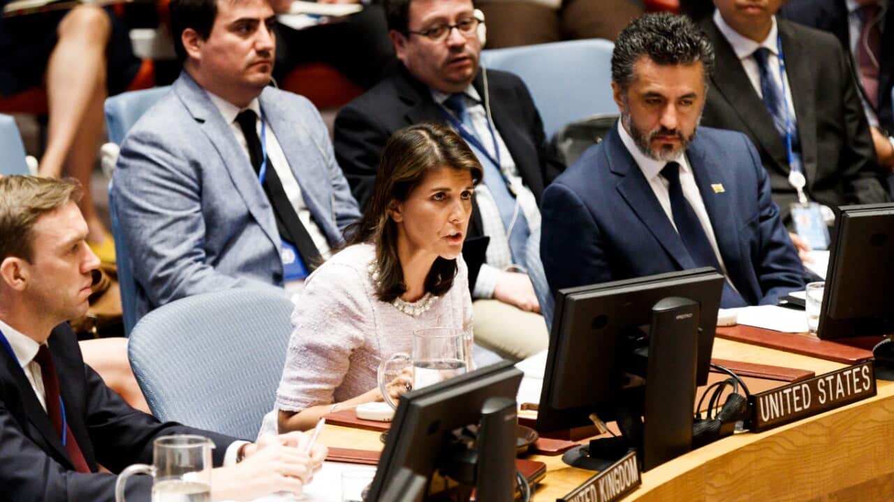 Nikki Haley (C), the United States' Ambassador to the United Nations.