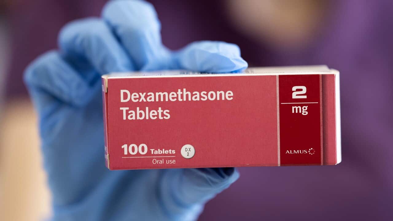 A close-up of a box of Dexamethasone tablets in a pharmacy on 16 June, 2020.
