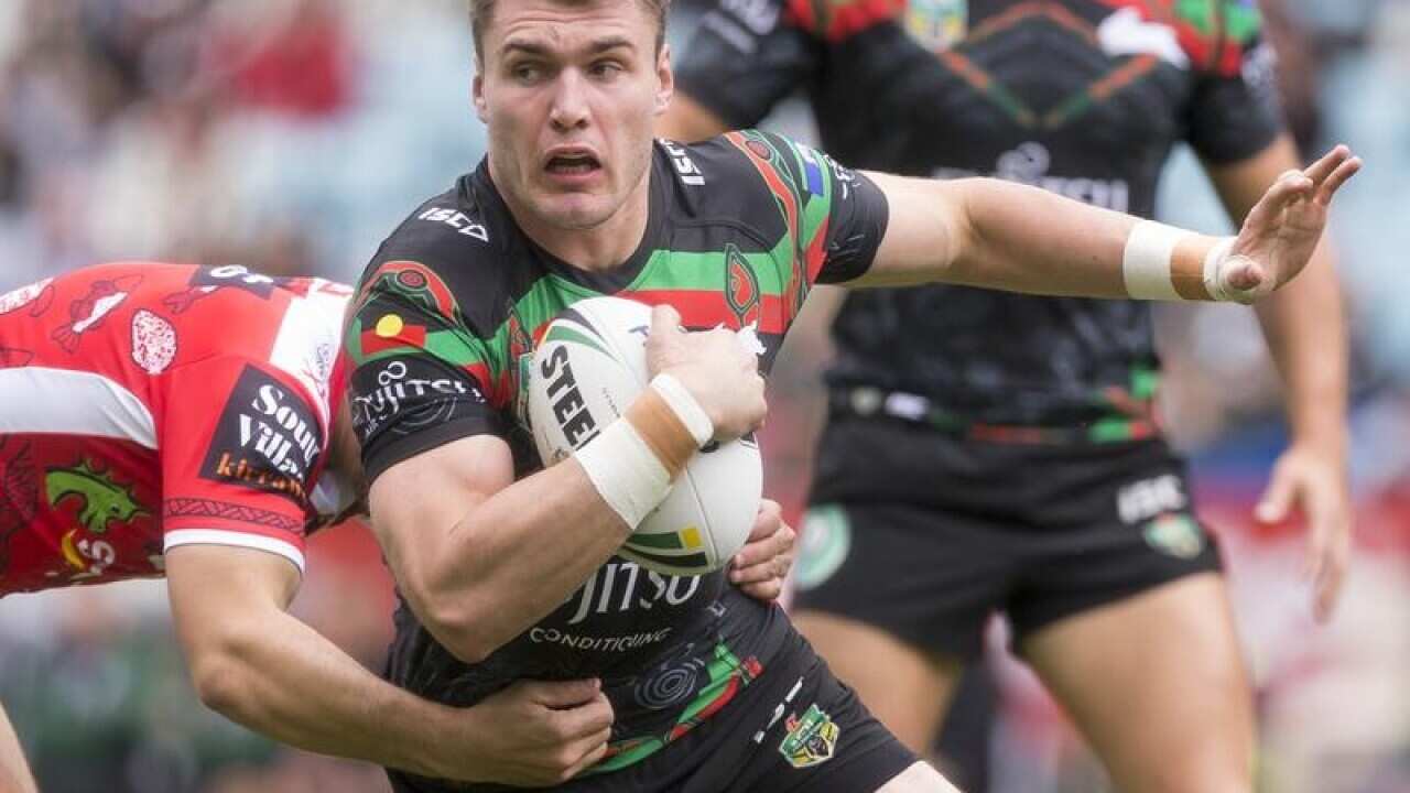 Angus Crichton of the Rabbitohs in action against the Dragons.