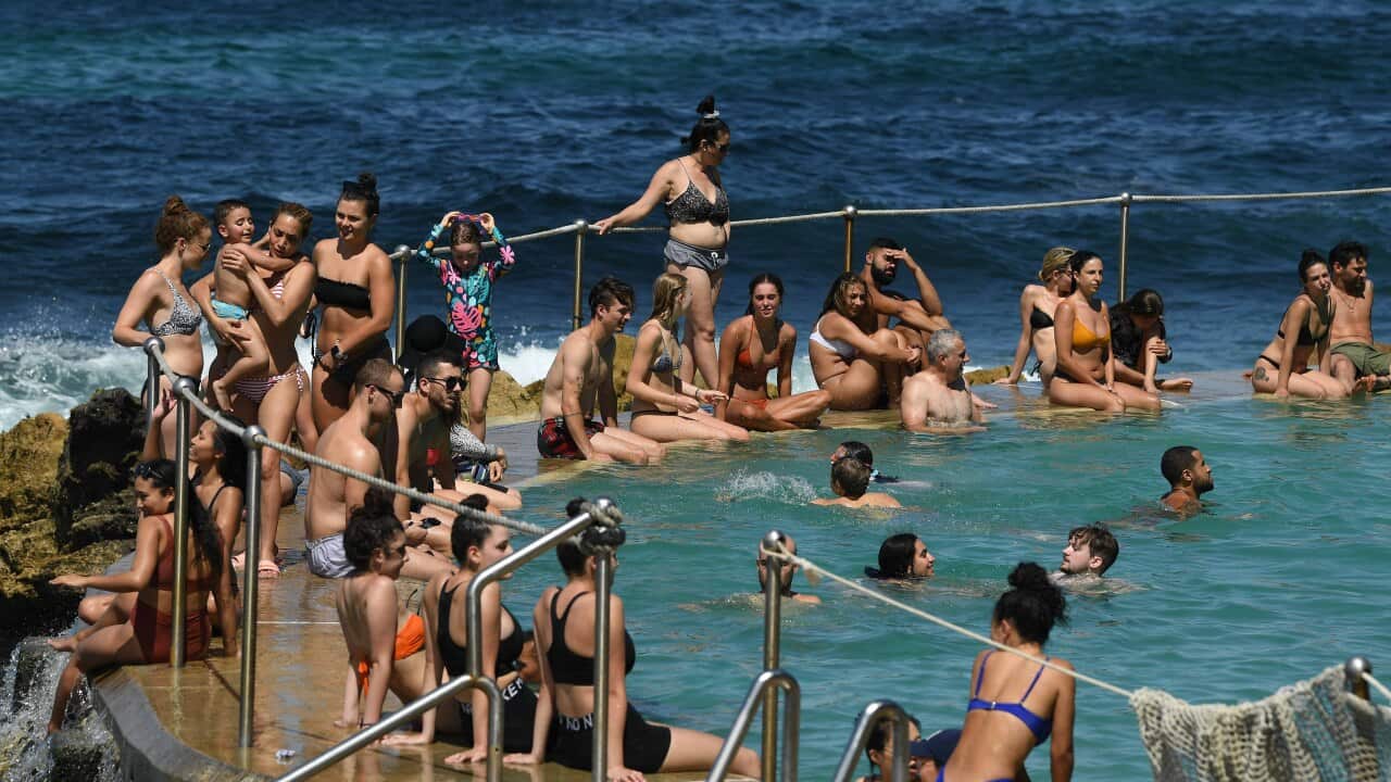People cool off in the pool during heatwave conditions at Bronte Beach in Sydney.
