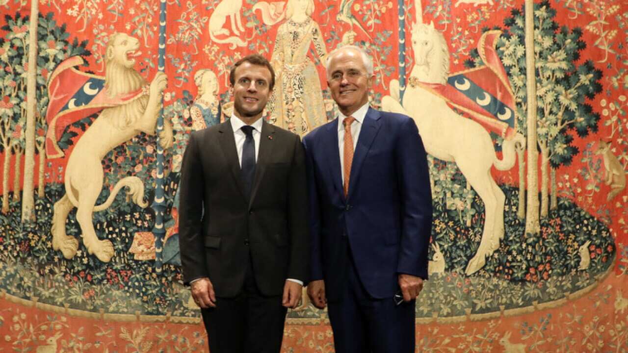French President Emmanuel Macron (L) and Australian Prime Minister Malcolm Turnbull visit the Art gallery of NSW in Sydney on May 2, 2018