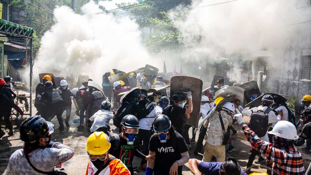 Protesters during a demonstration against the military coup in Yangon, Myanmar.