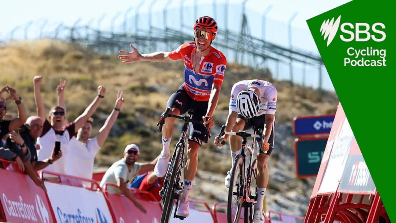 ALTO DE AITANA, SPAIN - AUGUST 30: (L-R) Enric Mas of Spain and Movistar Team - Red Leader Jersey celebrates at finish line as stage winner ahead of Oscar Onley of Great Britain and Netcompany INEOS Cycling Team - White Best Young Rider Jersey during the La Vuelta - 81st Tour of Spain 2026, Stage 9 a 187.4km stage from Villajoyosa to Alto de Aitana 1544m / #UCIWT / on August 30, 2026 in Alto de Aitana, Spain. (Photo by Alexander Hassenstein/Getty Images