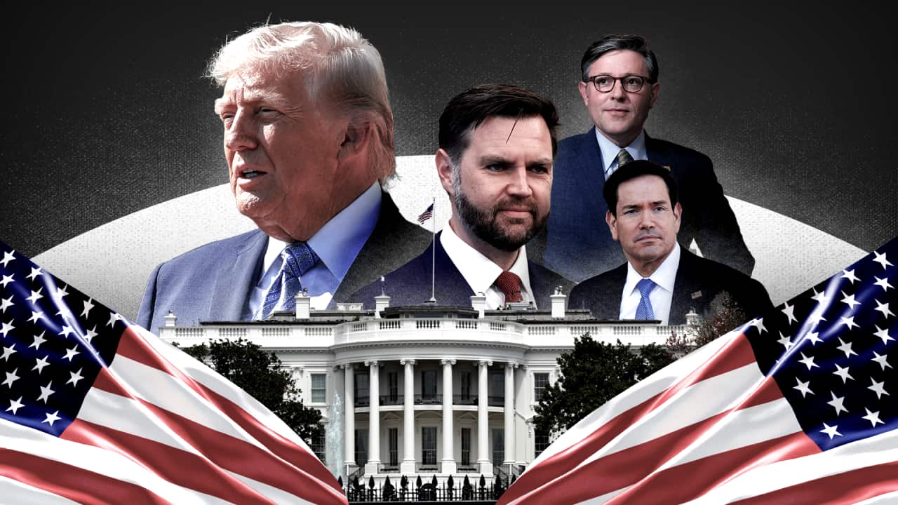 A composite image of four white men suits, with American flags and a white building in front of them