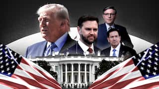 A composite image of four white men suits, with American flags and a white building in front of them