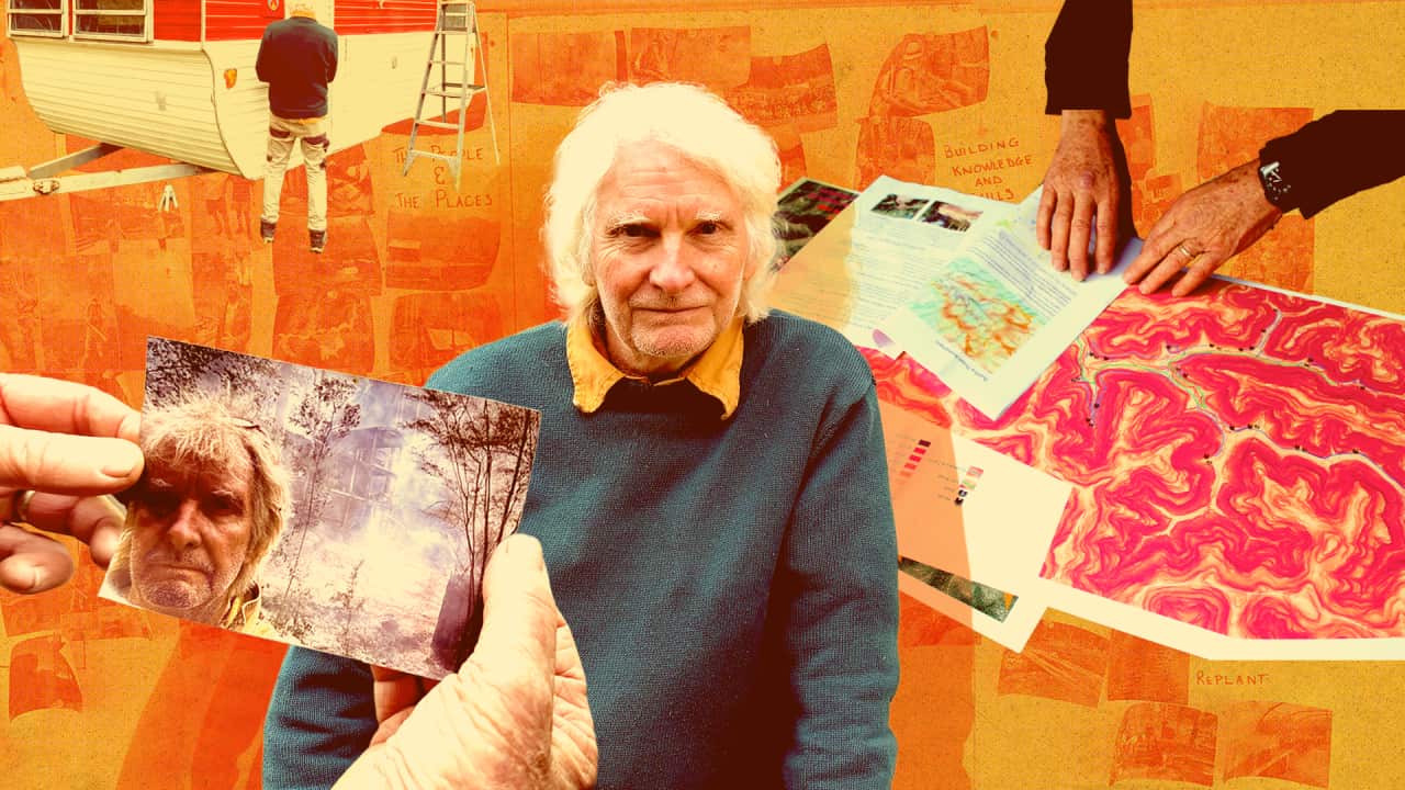 A composite image featuring a man, hands holding a photograph of a burnt space, maps and an old caravan