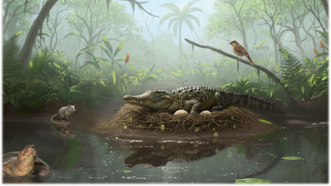 Künstlerische Rekonstruktion eines weiblichen Mekosuchinen beim Nestbau in den sumpfigen Gebieten der Fossilienfundstätte Murgon. Credit Panades et al. 2025 generiert mit Gemini AI.png
