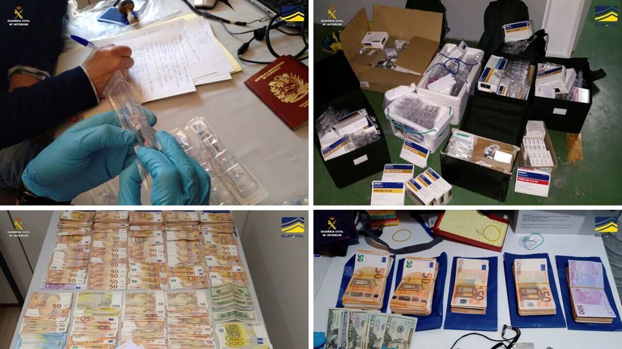 A Spanish Civil Guard photo shows items seized during a raid against an important network for illegal traffic of EPO, part of Operation Hipoxianet