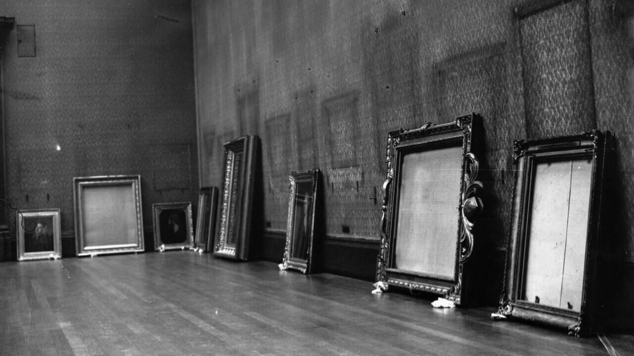 25th August 1939: Pictures and empty frames on the floor of the National Gallery, where, like many of the other museums and galleries in London, the treasures are being stored safely away in anticipation of air raids, and the doors are closed to the publi