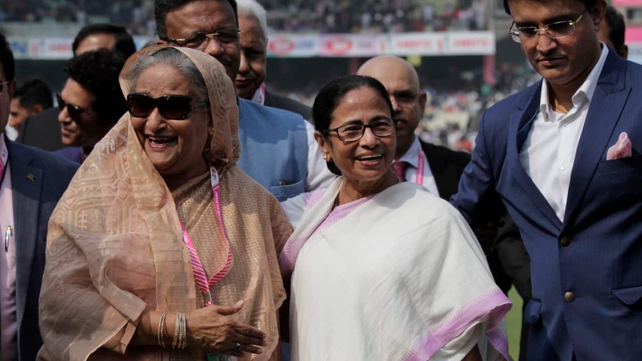 Seikh Hasina, Prime Minister of Bangladesh and Mamata Banerjee, Chief Minister of West Bengal state and Sourav Ganguly, Indian Cricket Board President.