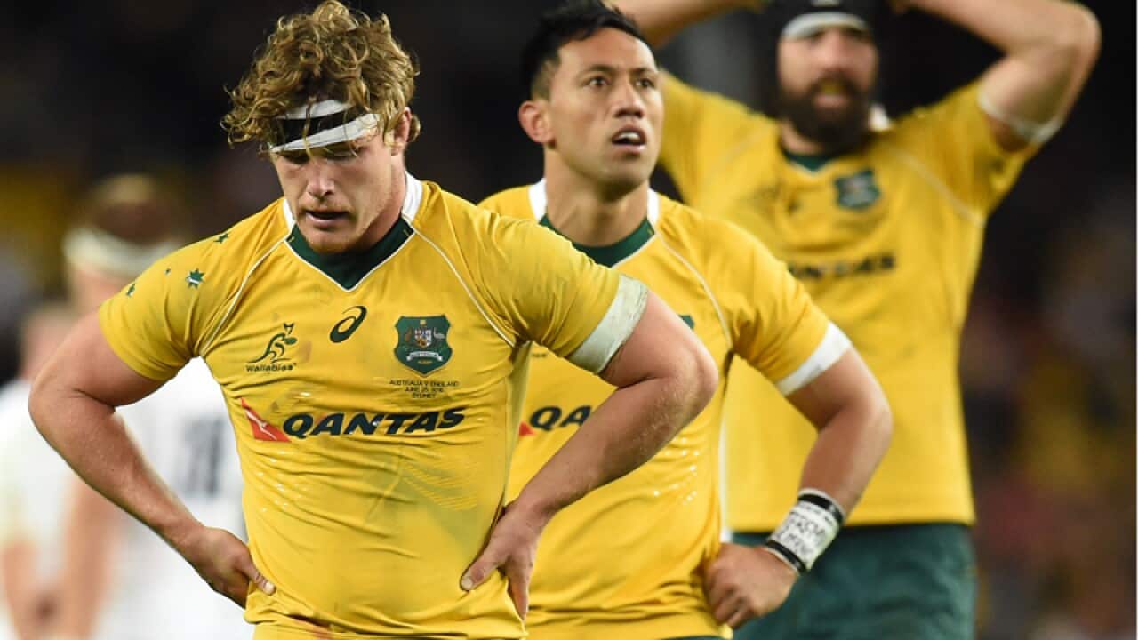 A dejected Michael Hooper, Christian Leali'ifano and Scott Fardy