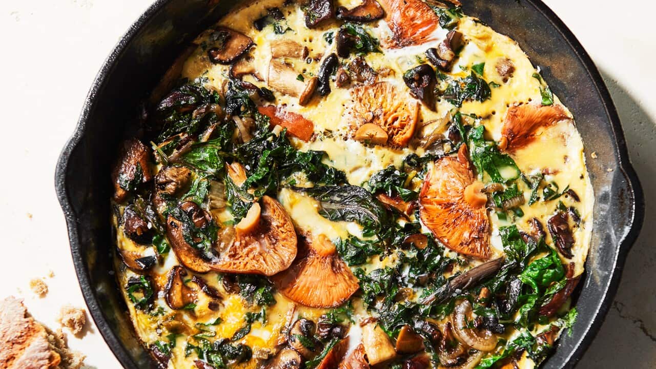 Wild mushroom and silverbeet omelette