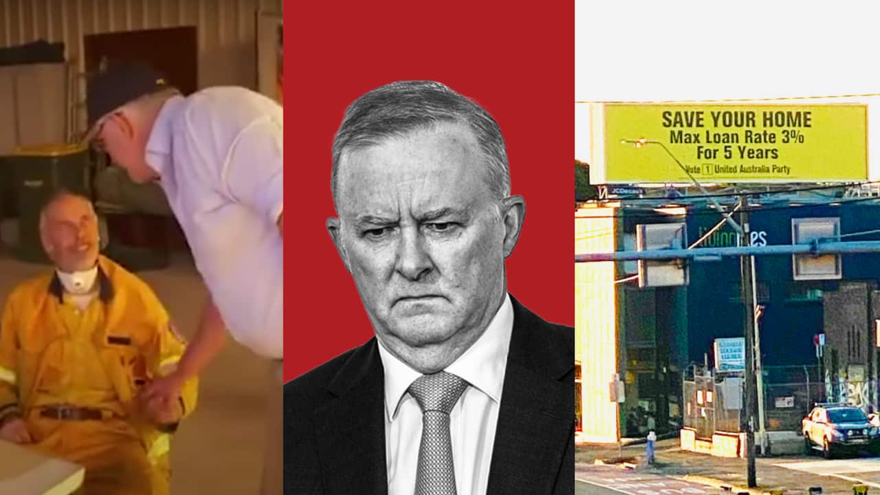 Picture of two men shaking hands, a frowning picture of a man, and a picture of a billboard.