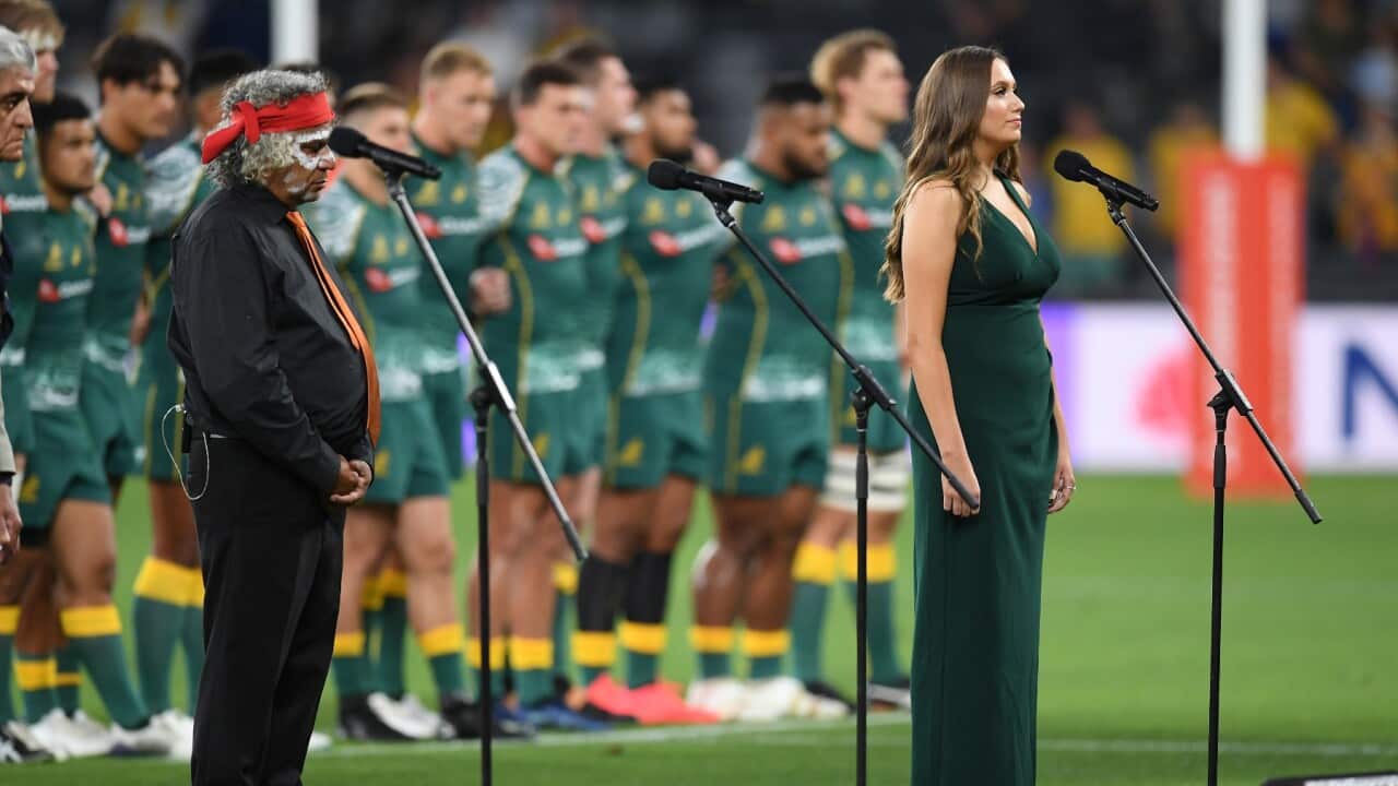 Indigenous woman Olivia Fox sings Australia's National Anthem Advance Australia Fair in the traditional Era language during the Tri Nations rugby match between the Argentina Pumas and Australia Wallabies at Bankwest Stadium, Sydney, Saturday, December 5,