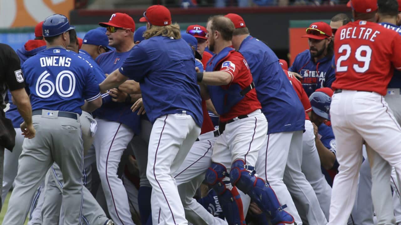 Toronto Blue Jays and Texas Rangers players during a fight