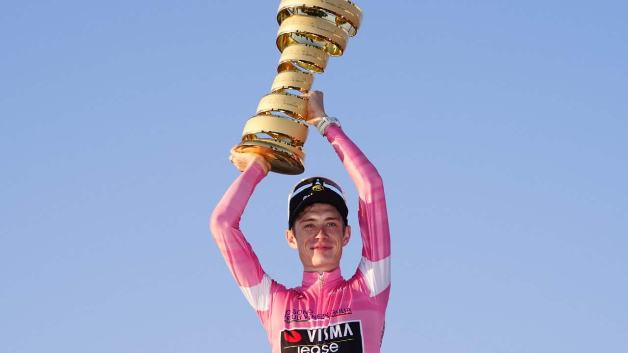 Italia: Denmark’s Jonas Vingegaard Hansen of Team Visma | Lease a Bike (pink Jersey) Winner of...