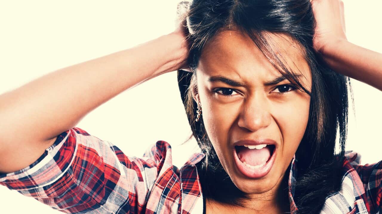 Angry or terrified young brunette woman, hands to her head