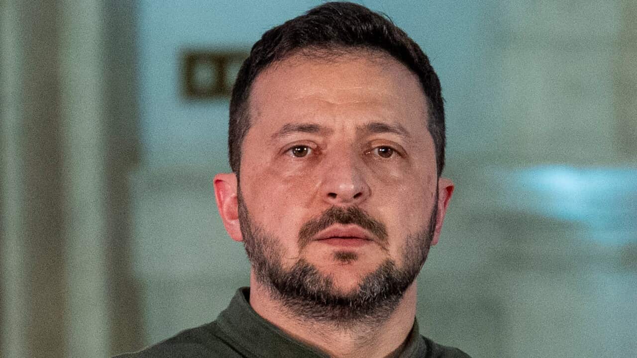 Volodymyr Zelenskyy looking forward.