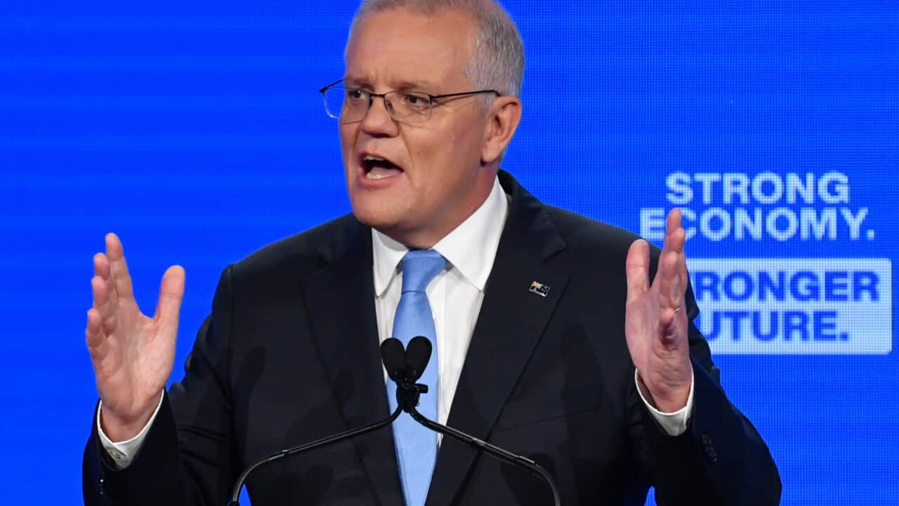 Prime Minister Scott Morrison at the Liberal Party campaign launch on Day 35 of the 2022 federal election campaign, at the Brisbane Convention Centre in Brisbane. Sunday, May 15, 2022. (AAP Image/Mick Tsikas) NO ARCHIVING