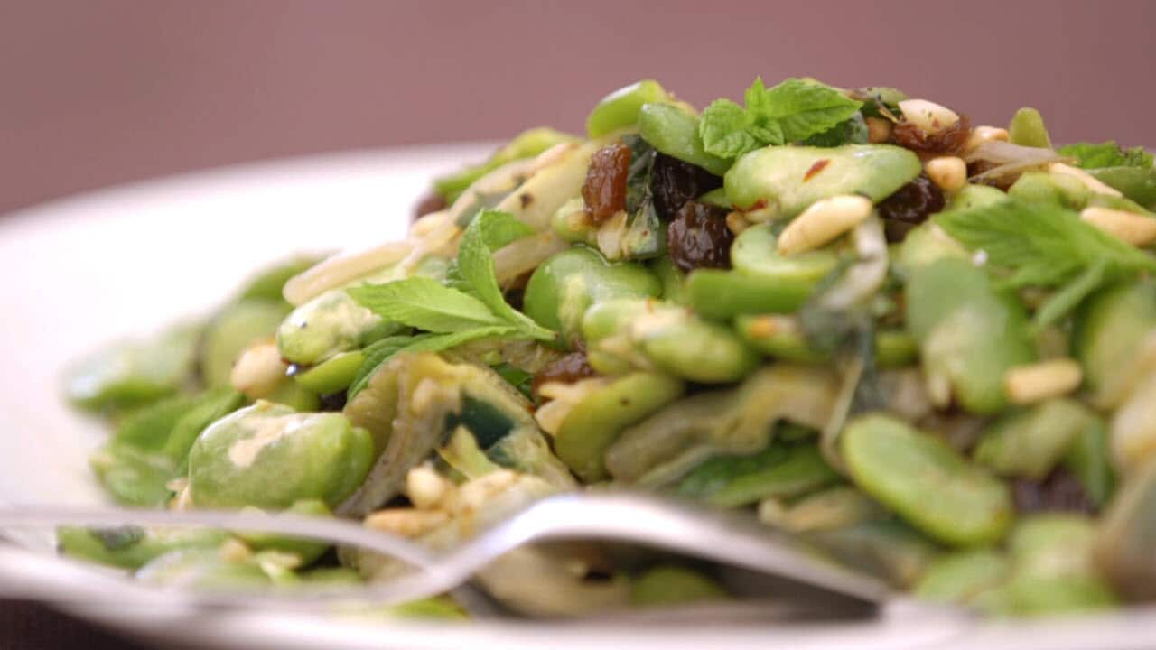 Sicilian artichoke, broad bean and shallot salad with saffron dressing