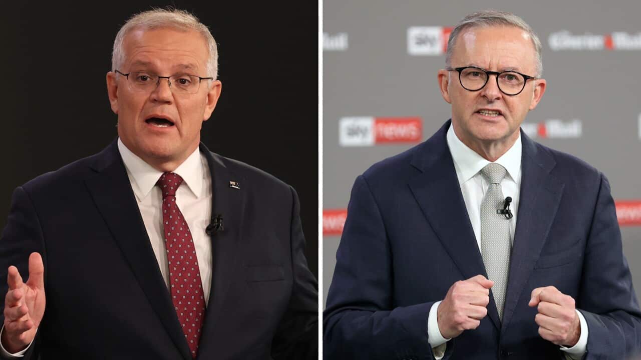 Prime Minister Scott Morrison and Opposition Leader Anthony Albanese at the first leaders' debate of the 2022 federal election, hosted by Sky News at the Gabba in Brisbane.