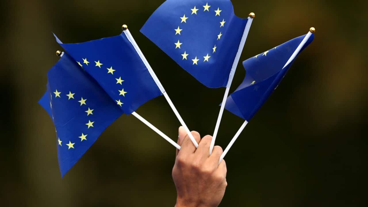 A man holding EU flags