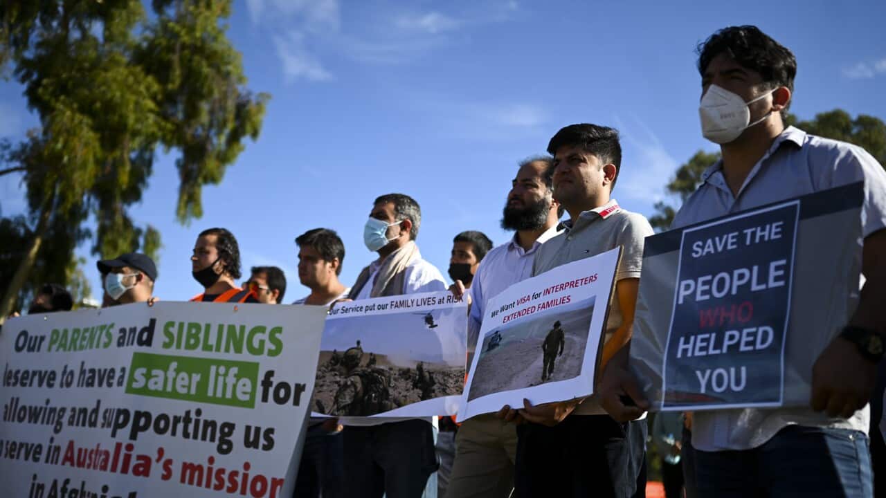 Former interpreters at a protest in Canberra