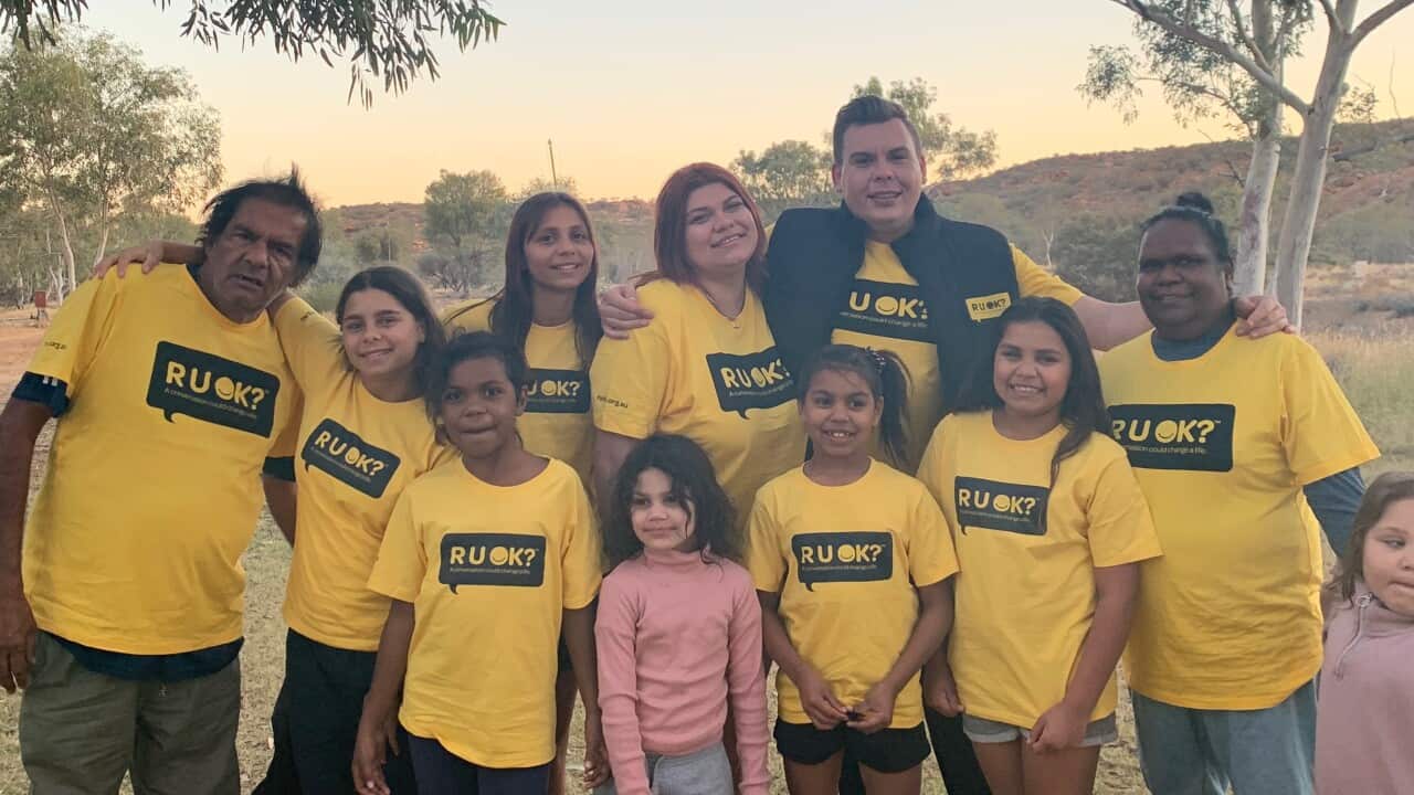 New R U OK Campaign Manager Steven Srtour, pictured with family during COVID-19 lockdown at Mparntew (Arrernte word for Alice Springs).
