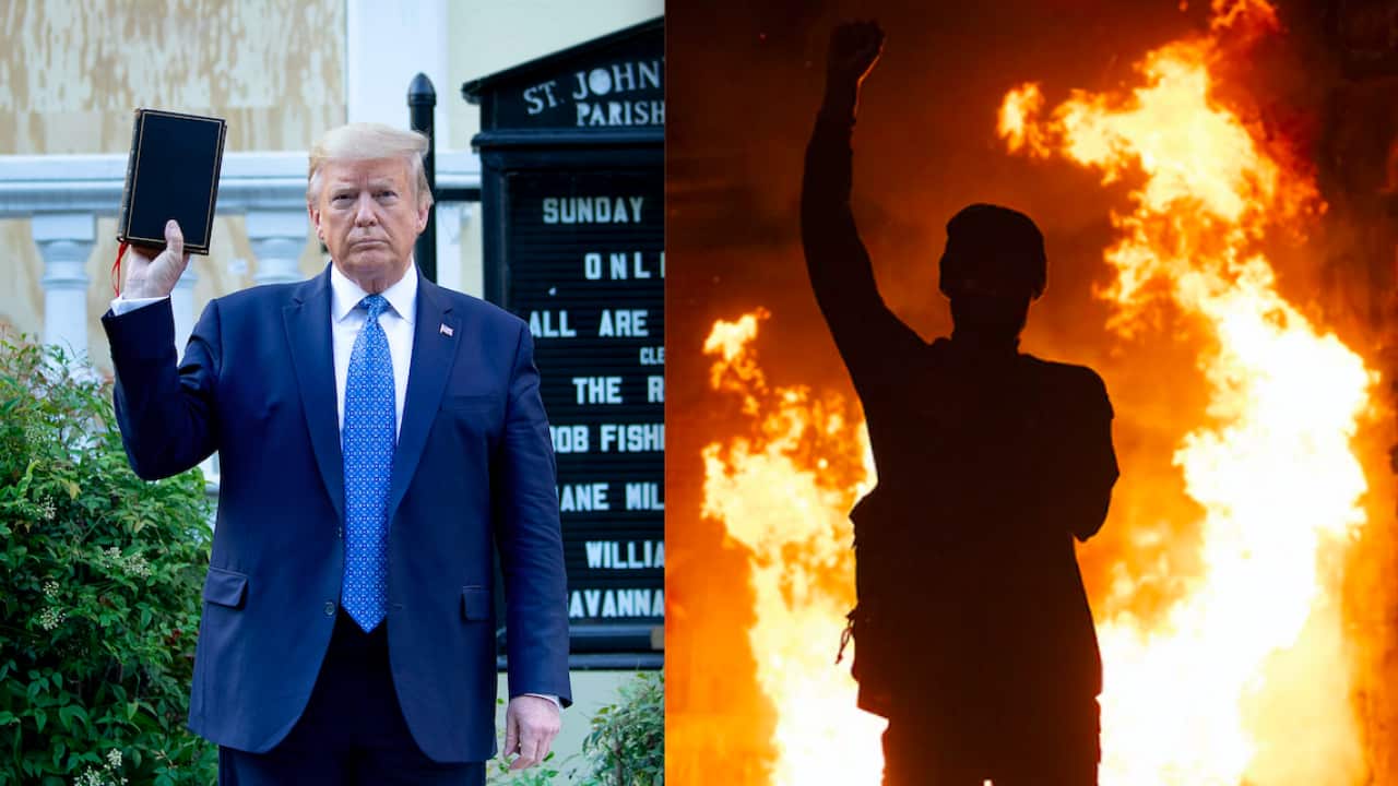 Donald Trump holding a bible and a protester.