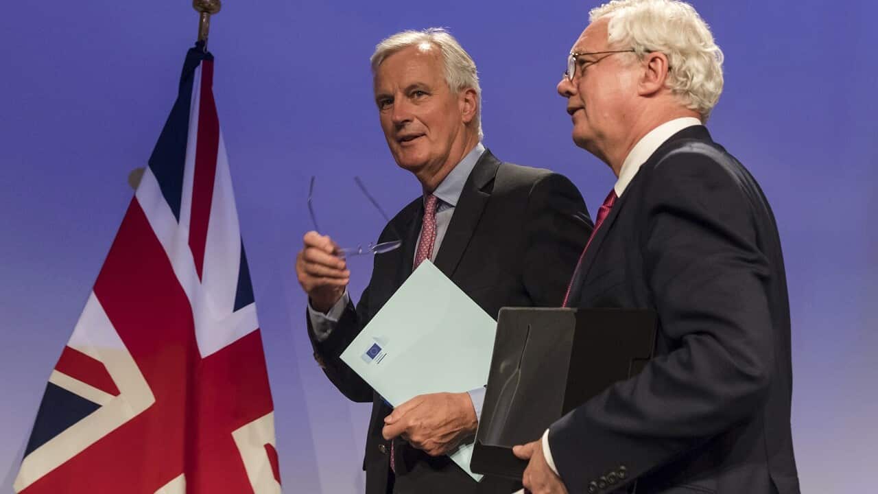 EU Chief Brexit Negotiator Michel Barnierand British Secretary of State for Exiting the EU David Davis at EU headquarters in Brussels .