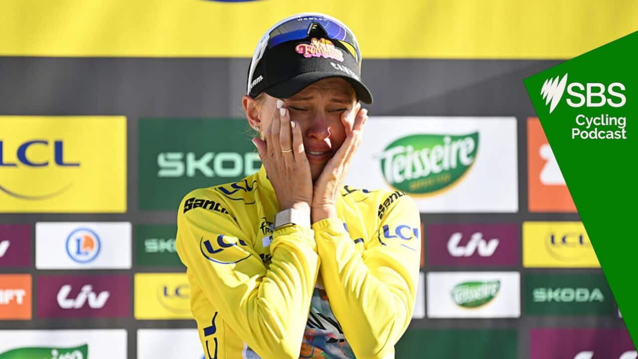 MONT VENTOUX, FRANCE - AUGUST 07: Katarzyna Niewiadoma-Phinney of Poland and Team Canyon//SRAM Racing zondacrypto celebrates at podium as Yellow Leader Jersey winner during the 5th Tour de France Femmes 2026, Stage 7 a 146.8km stage from La Voulte-sur-Rhone to Mont Ventoux 1901m / #UCIWWT / on August 07, 2026 in Mont Ventoux, France. (Photo by Tim de Waele/Getty Images)
