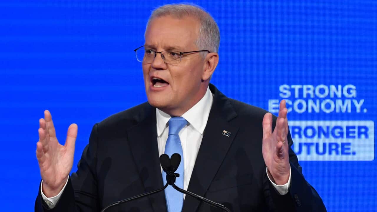 Prime Minister Scott Morrison at the Liberal Party campaign launch on Day 35 of the 2022 federal election campaign, at the Brisbane Convention Centre in Brisbane. Sunday, May 15, 2022. (AAP Image/Mick Tsikas) NO ARCHIVING
