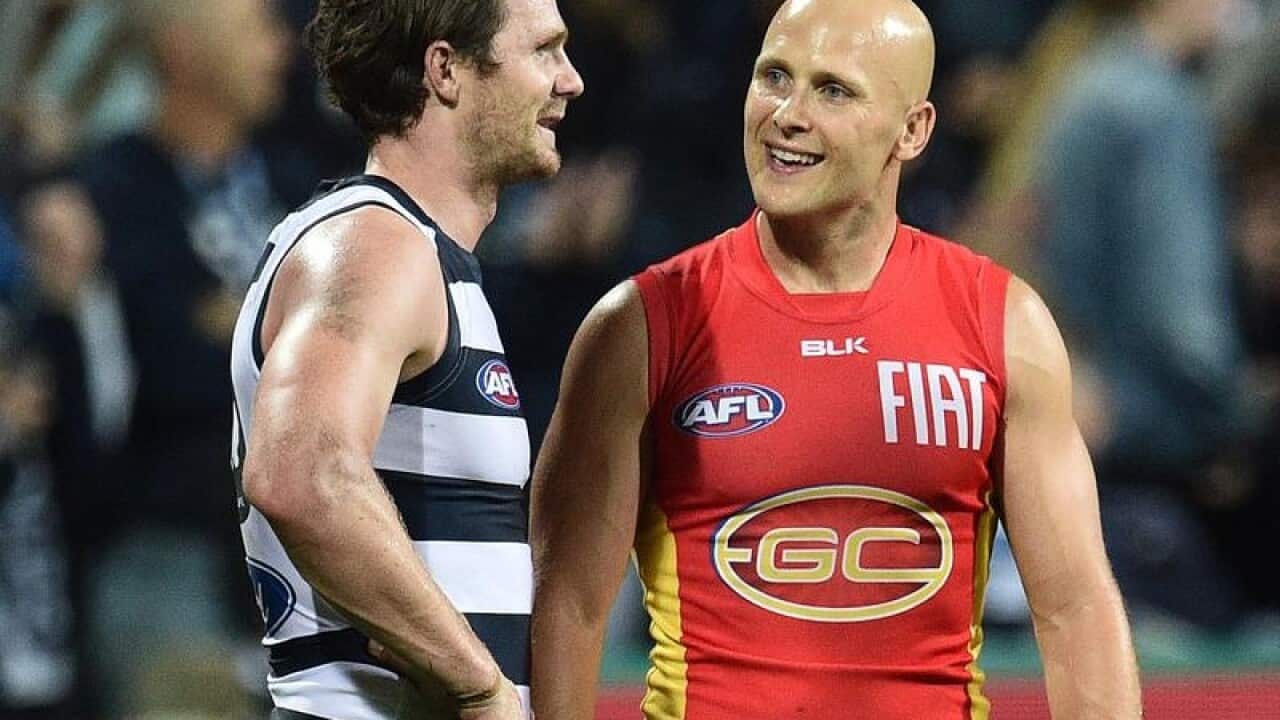 Gold Coast's Gary Ablett with Patrick Dangerfield of Geelong
