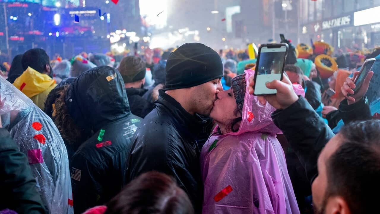 Revelers celebrate on Times Square in New York.
