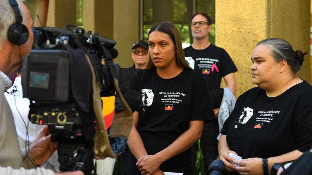 Tanya Day's daughters Apryl Watson (left) and Belinda Day address the media outside the Coroners Court of Victoria, in Melbourne, Monday, November 11, 2019.