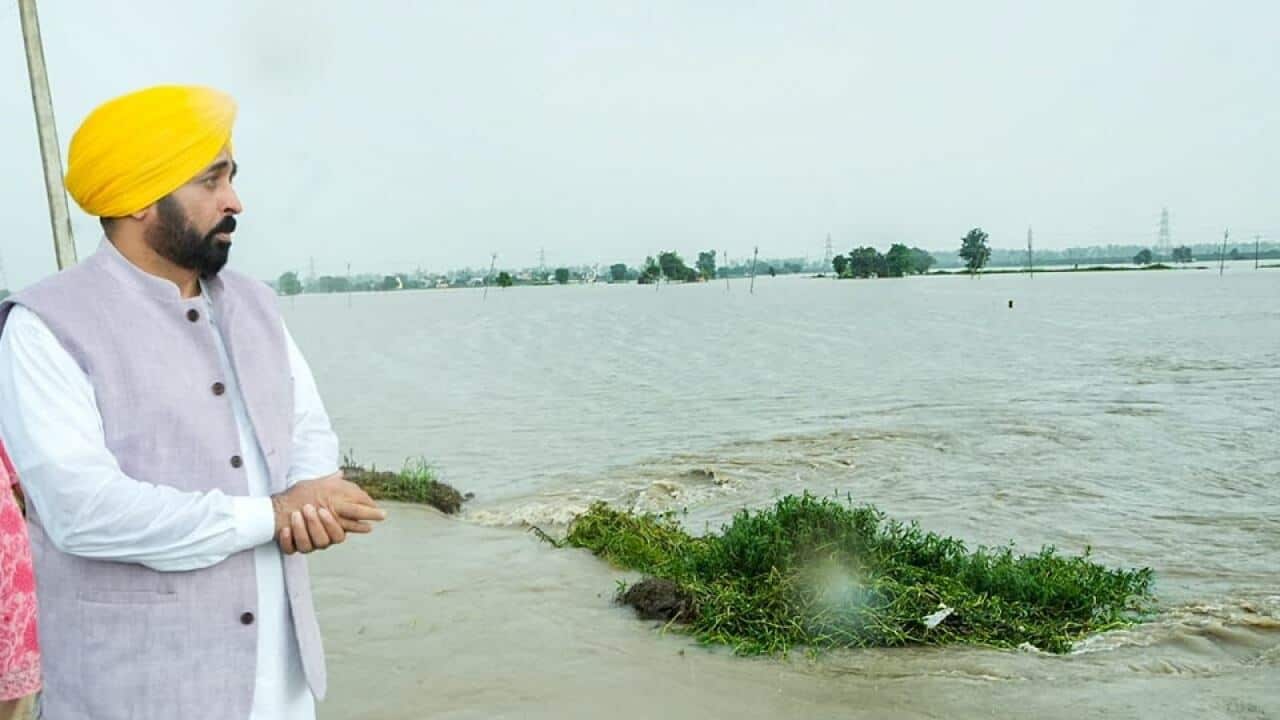 ਮੁੱਖ ਮੰਤਰੀ ਭਗਵੰਤ ਮਾਨ ਹੜ੍ਹਾਂ ਦੇ ਨੁਕਸਾਨ ਦਾ ਮੁਆਇਨਾ ਕਰਦੇ ਹੋਏ।