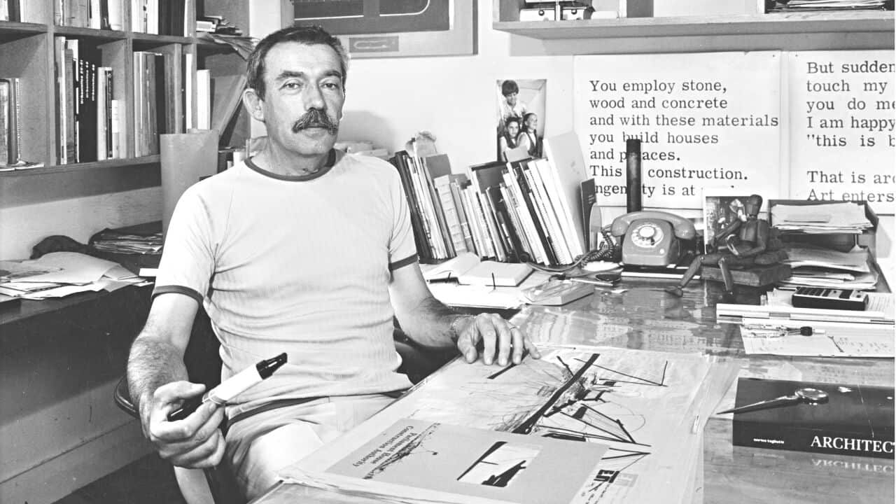 Enrico Taglietti in his studio in Griffith, Canberra, around 1976