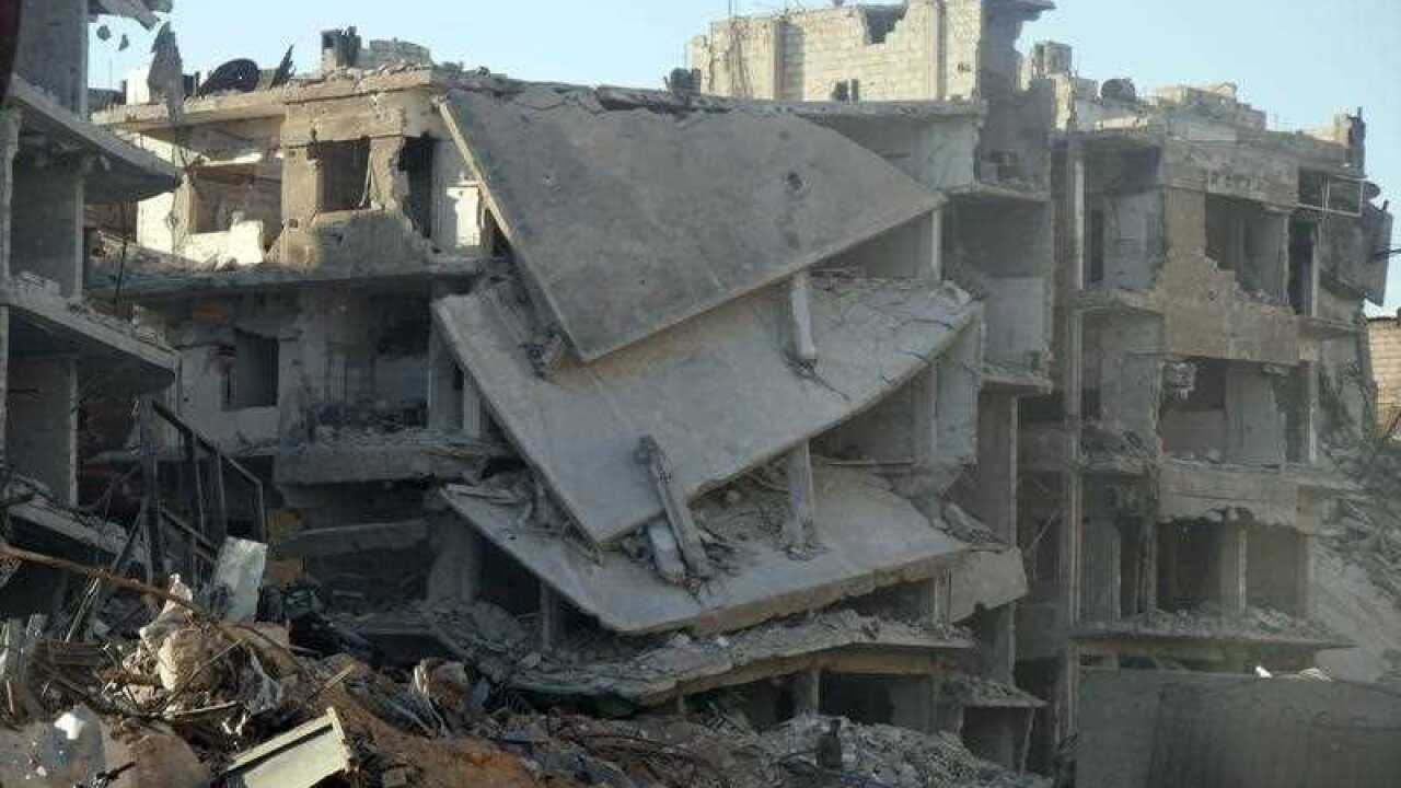 Destruction is seen in the recently-liberated Harasta City in the Eastern Ghouta in the countryside of Damascus, Syria, 29 March 2018.