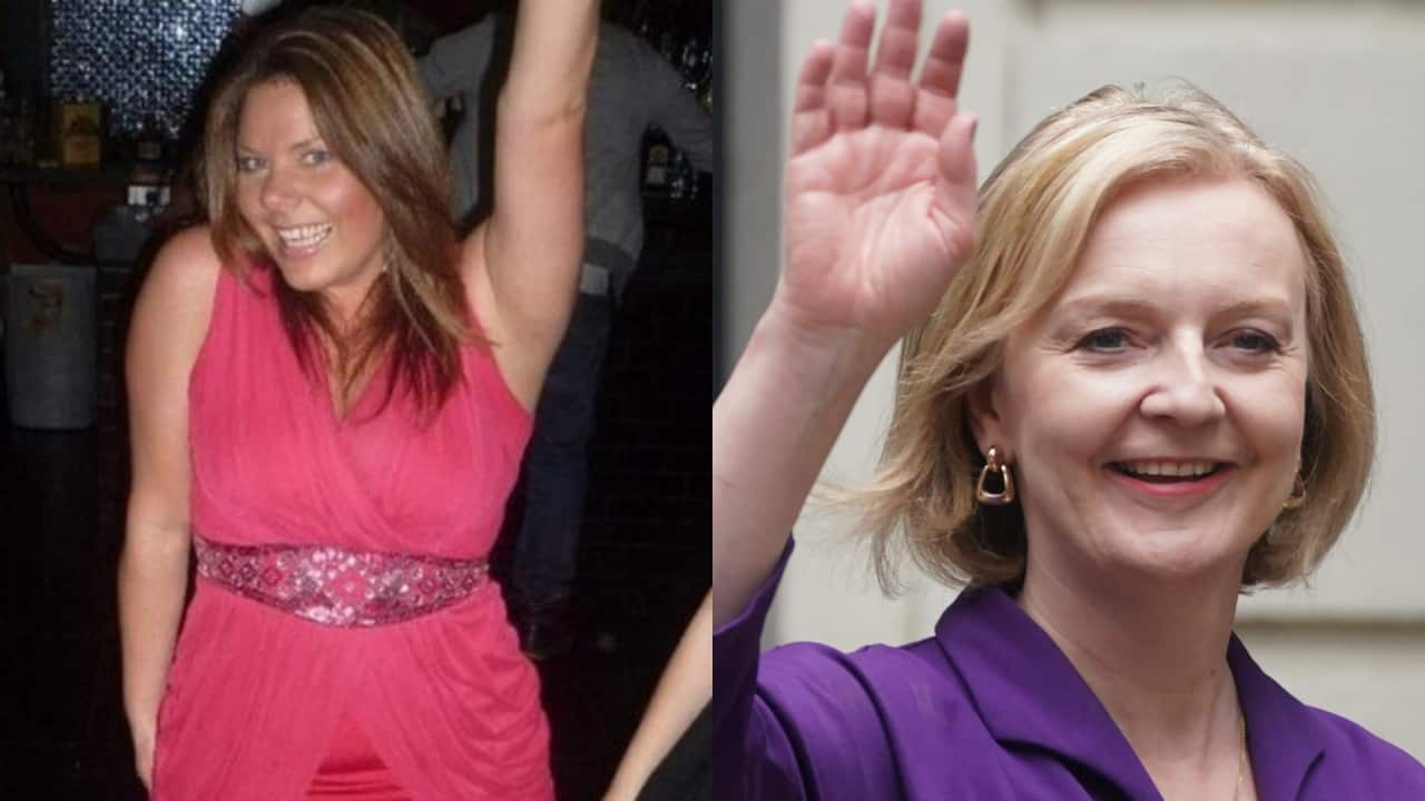 Composite image of woman in pink dress on left and Liz Truss on right.