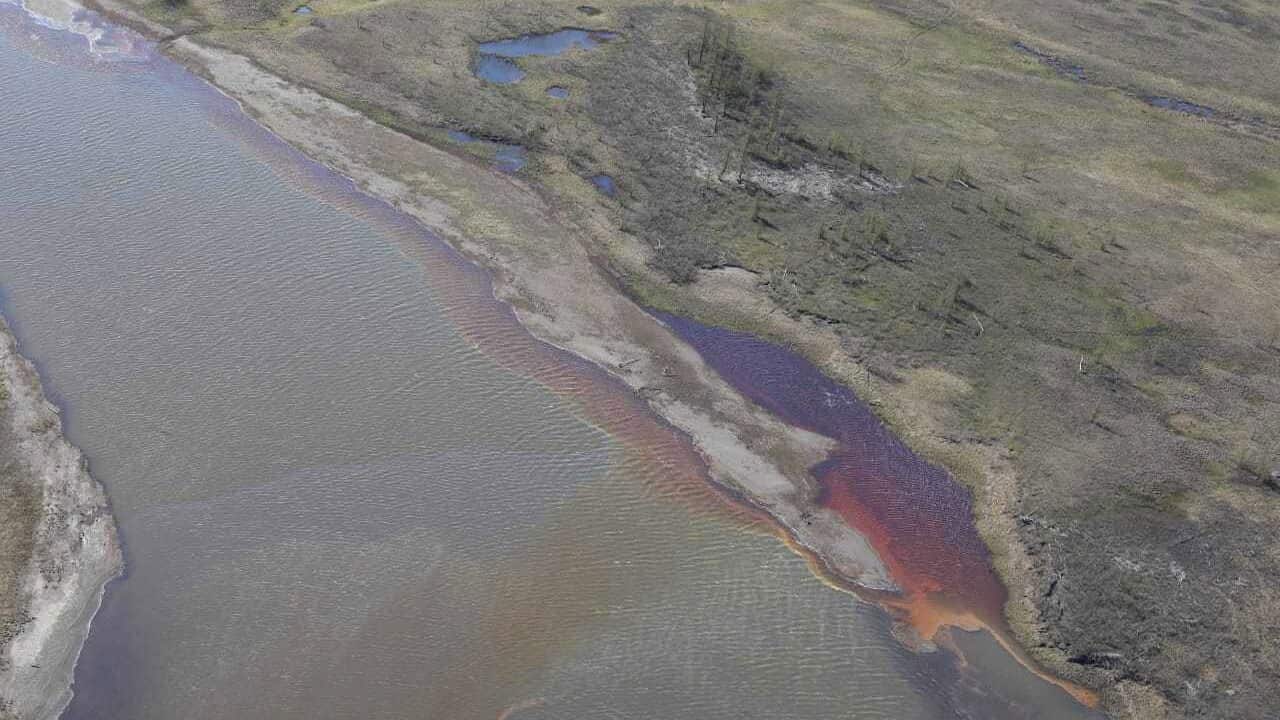 An aerial view of the site of oil products spill into a river outside of Norilsk, Russia.