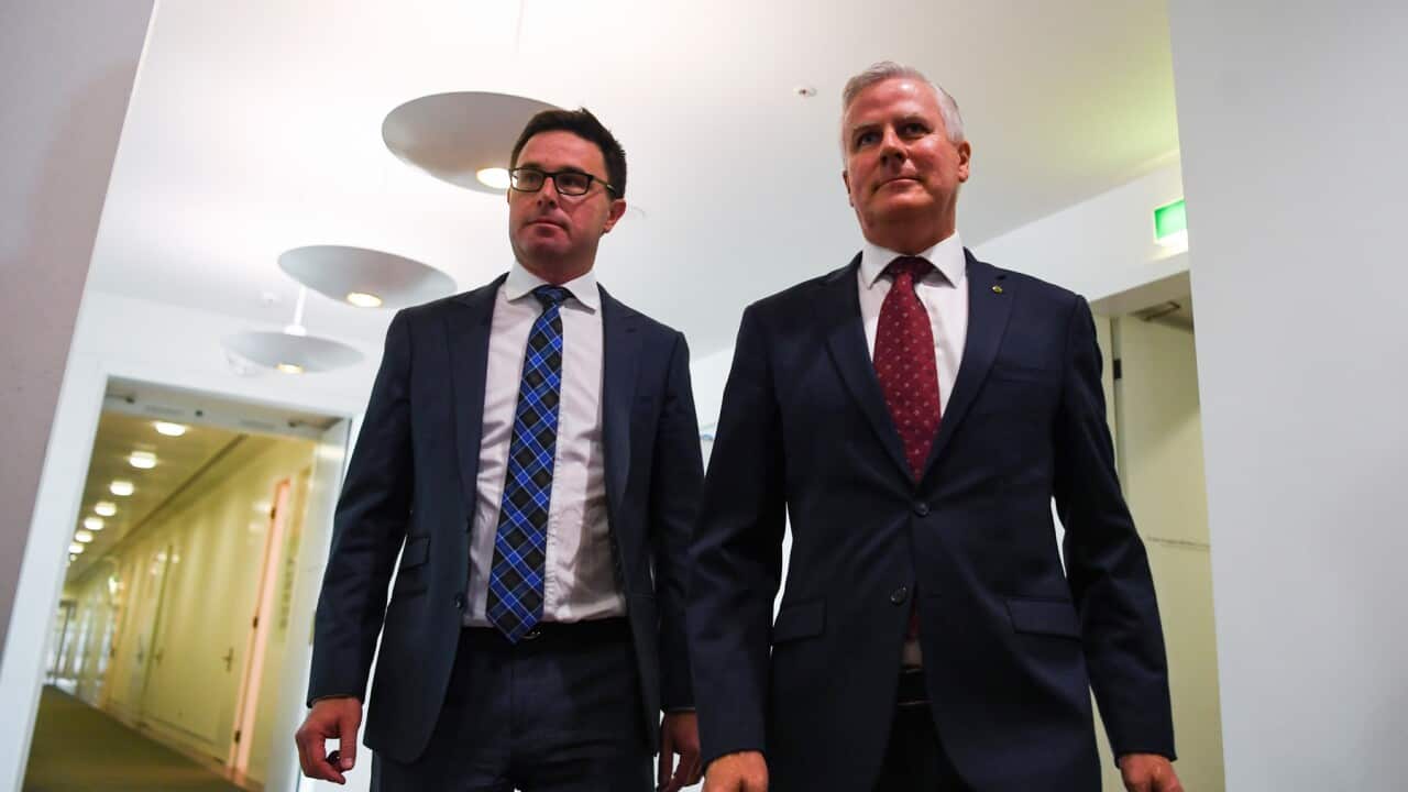 Re-elected Nationals Party leader Michael McCormack (right) and newly-elected Deputy leader David Littleproud in Canberra, Tuesday, February 4, 2020
