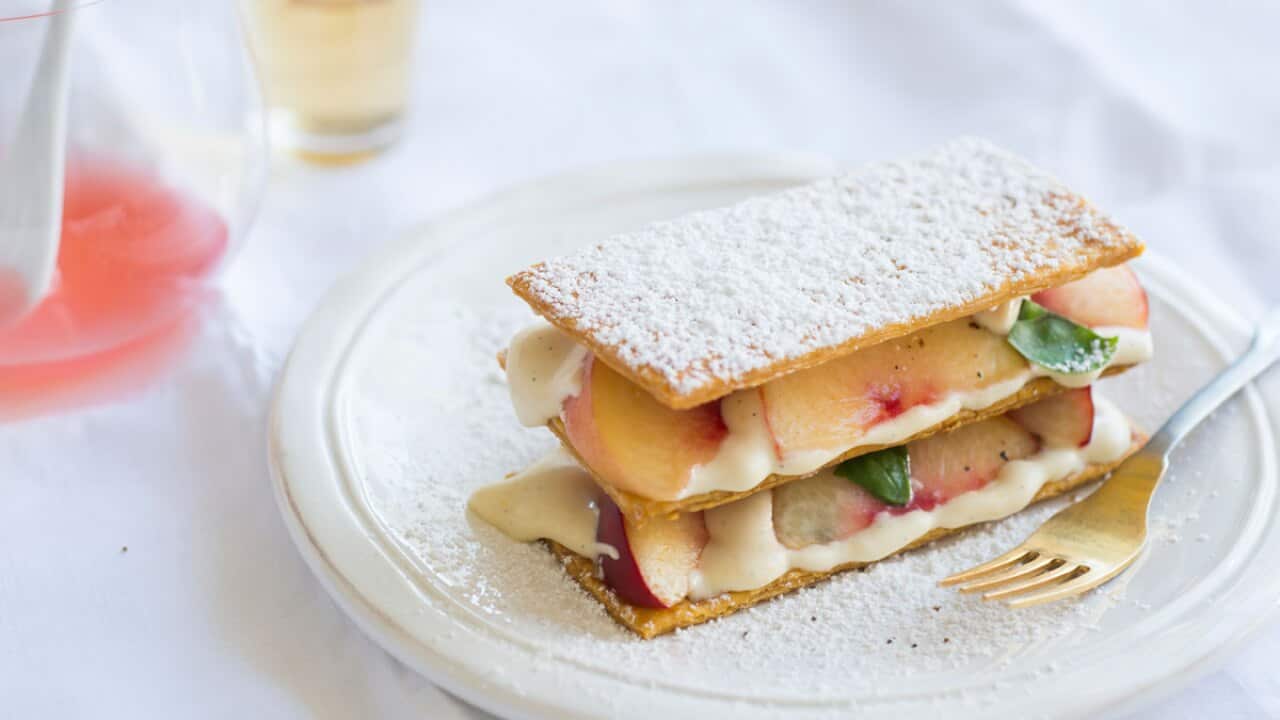 White peach and basil mille feuille