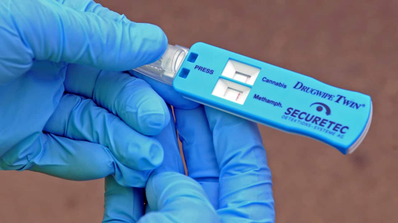 A police officer holds a random drug test device