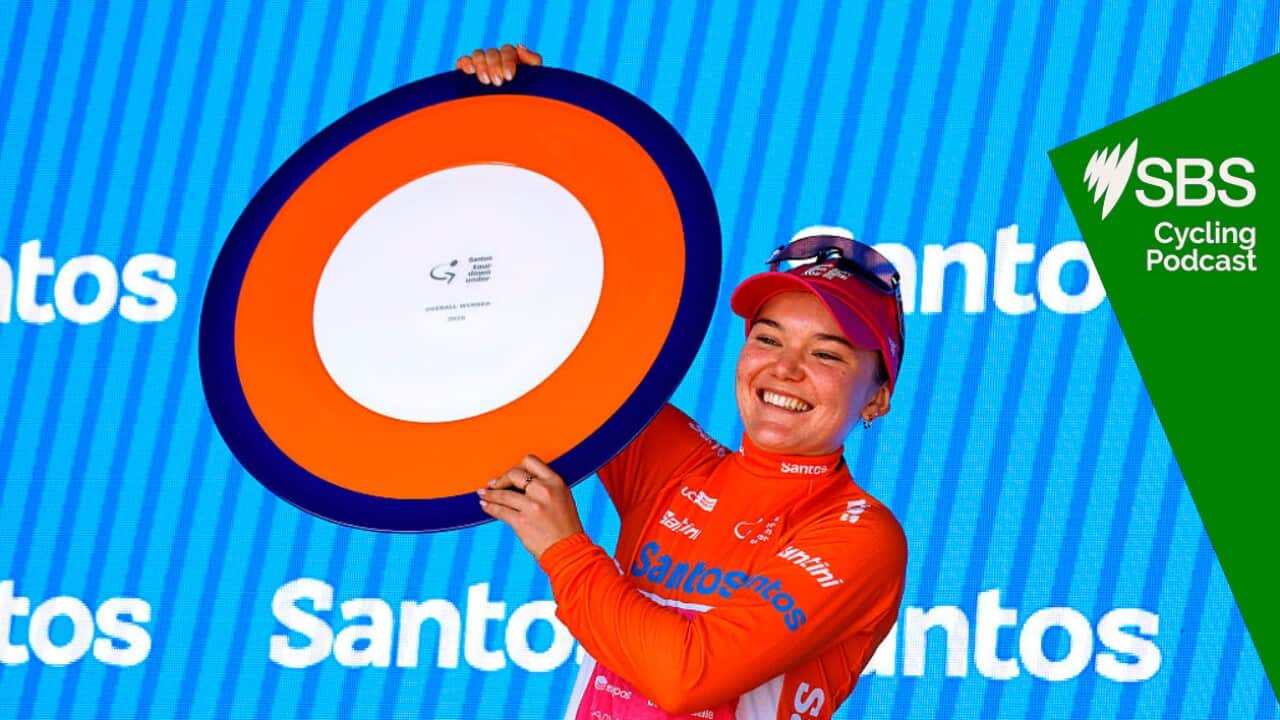 CAMPBELLTOWN, AUSTRALIA - JANUARY 19: Noemi Ruegg of Switzerland and Team EF Education-Oatly celebrates at podium as Orange Santos Leader's Jersey final race winner during the 10th Santos Women's Tour Down Under 2026, Stage 3 a 126.5km stage from Norwood to Campbelltown / #UCIWWT / on January 19, 2026 in Campbelltown, Australia. (Photo by Con Chronis/Getty Images)