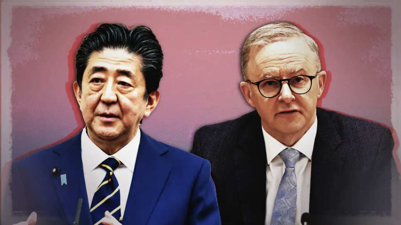 The late former Japanese prime minister Shinzo Abe (left) and Australian Prime Minister Anthony Albanese (right).