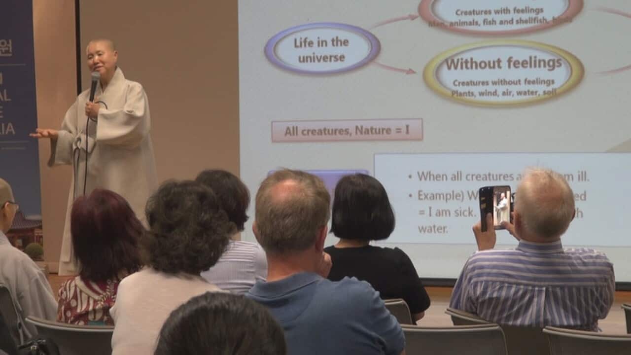 Korean Buddhist nun Venerable Seon Jae, who also acts as the president of the Korean Food Promotion Institute conducts a lecture about health Korean cuisine.